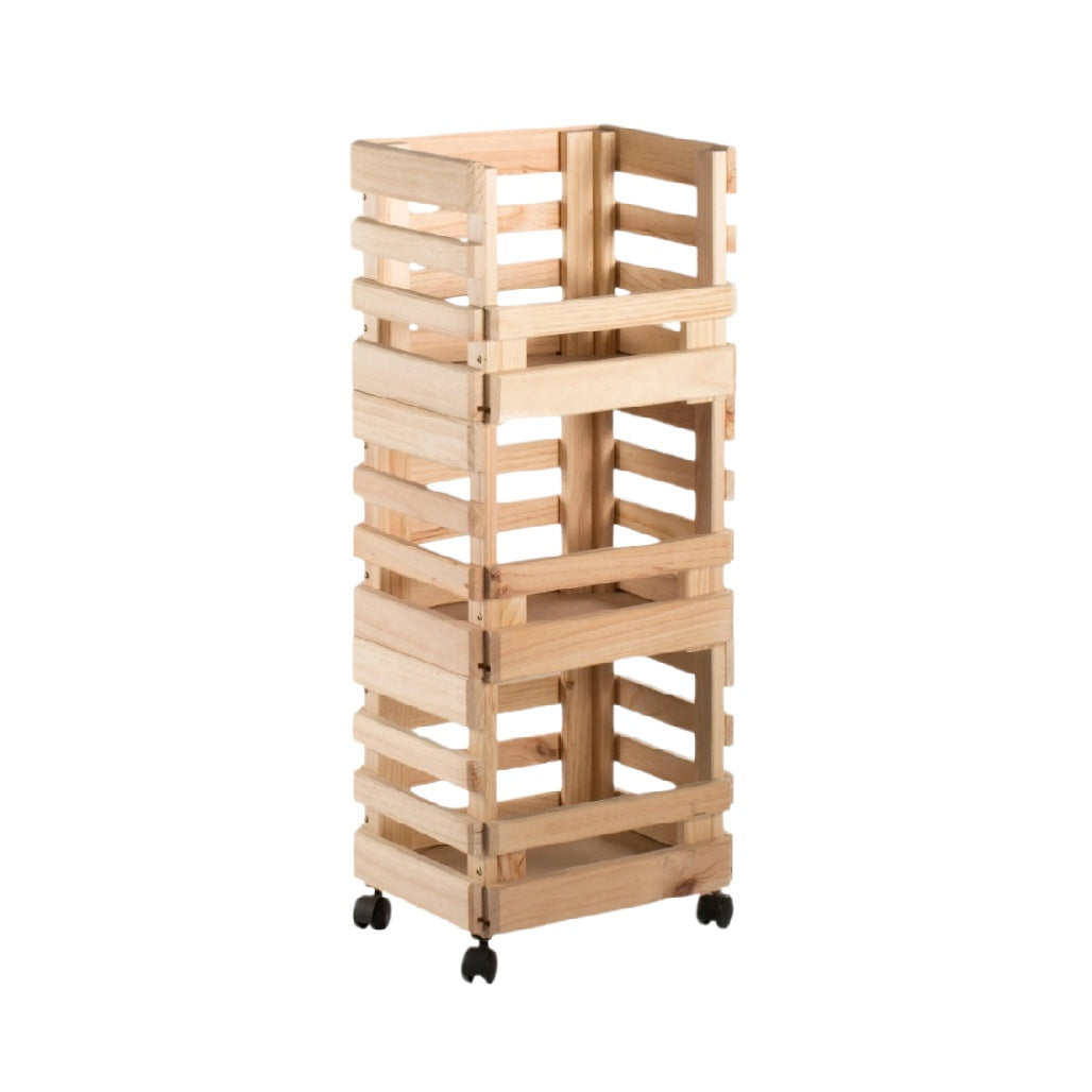 Wooden Rolling Storage Cart with Open Slats - Versatile Multi-Tier Organizer